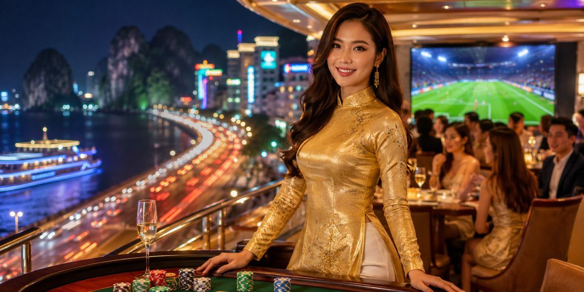 Phụ nữ mặc áo dài xem kết quả xổ số và bóng đá tại vịnh Hạ Long với cảnh thiên nhiên hùng vĩ phía sau