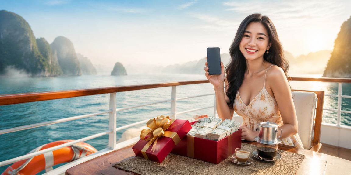 Người chơi thư giãn bên vịnh Hạ Long với thiết bị mobile